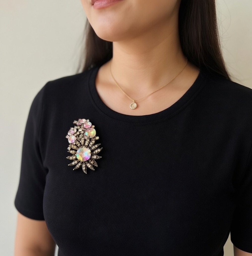 Vintage Rainbow Crystal Rhinestone Floral Brooch Gold Tone Pin 2.5" Jewelry VG
